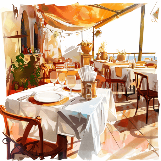 Illustration réaliste d'une table de restaurant avec assiettes et couverts, représentant un site web pour restaurants